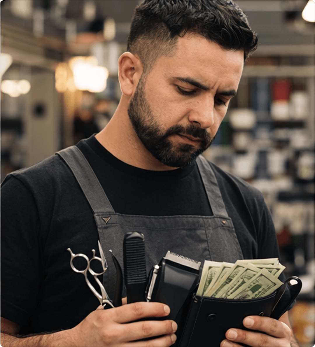 Barber holding cash and tools