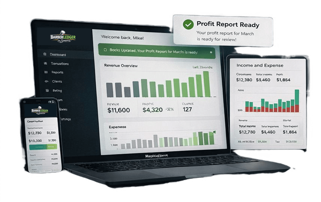 BarberLedger dashboard on laptop and mobile